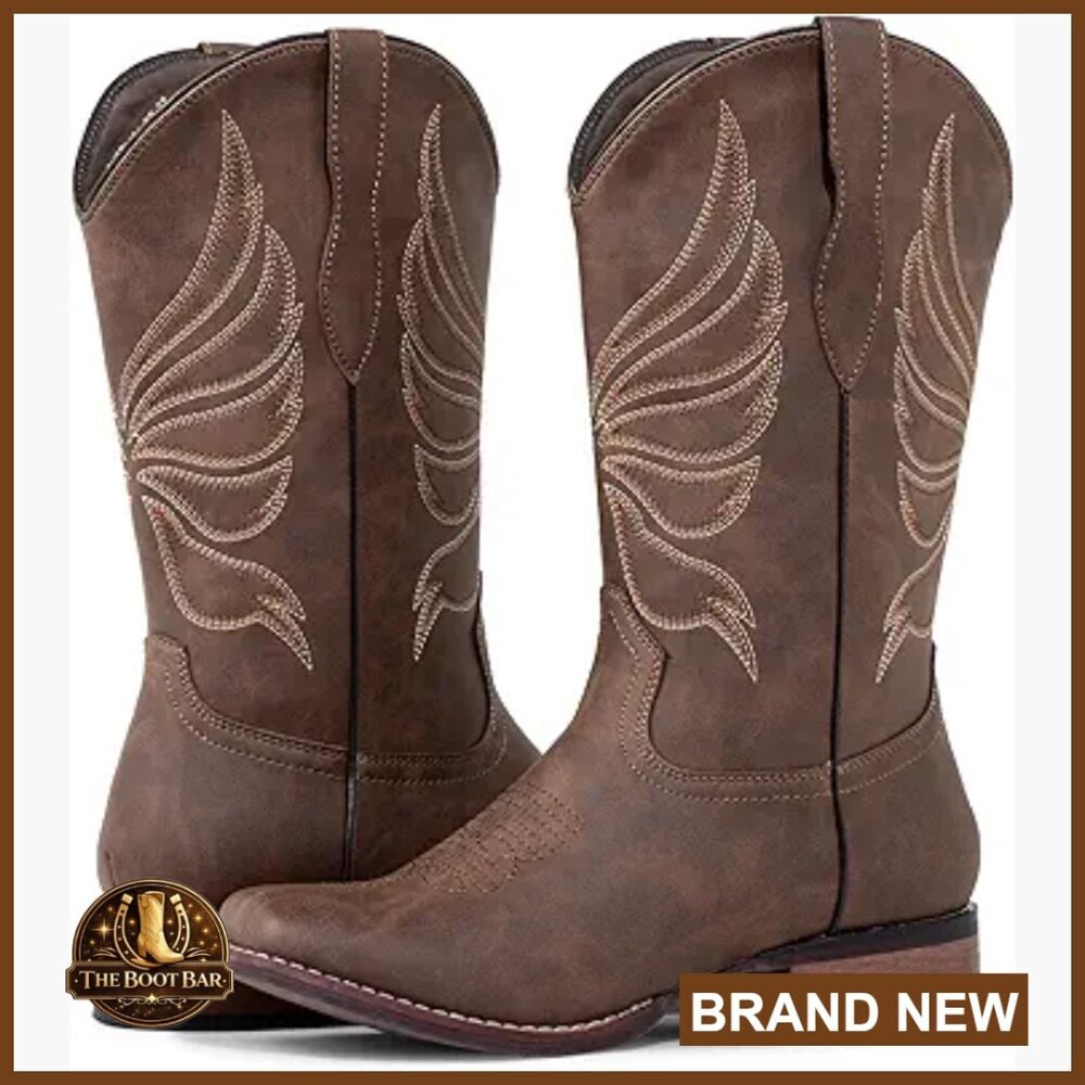 Women's Square Toe Cowboy Boots Wide Calf Mid-Calf Western Shoes